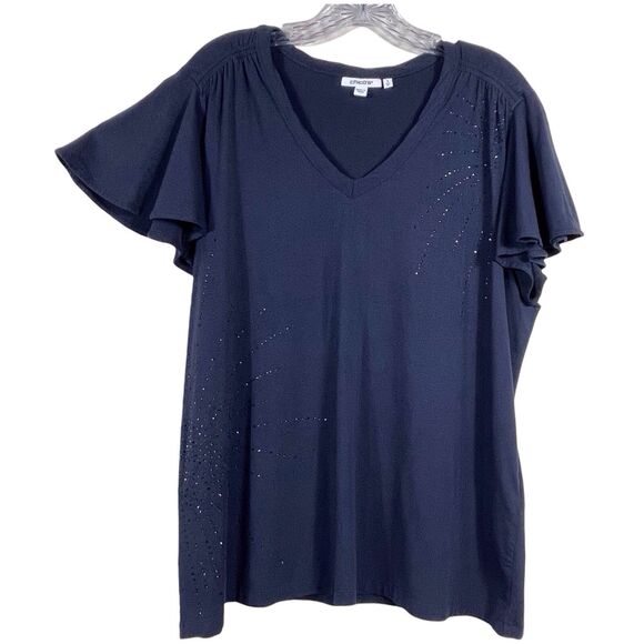 Chico’s Touch of Cool Navy V-Neck Flutter Sleeve Embellished Top Size 3 (XL) - Picture 2 of 16